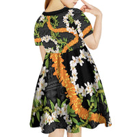 Aloha Festive Hawaii Kid Short Sleeve Dress Mokihana - Maile and Ilima on Black LT7 - Polynesian Pride