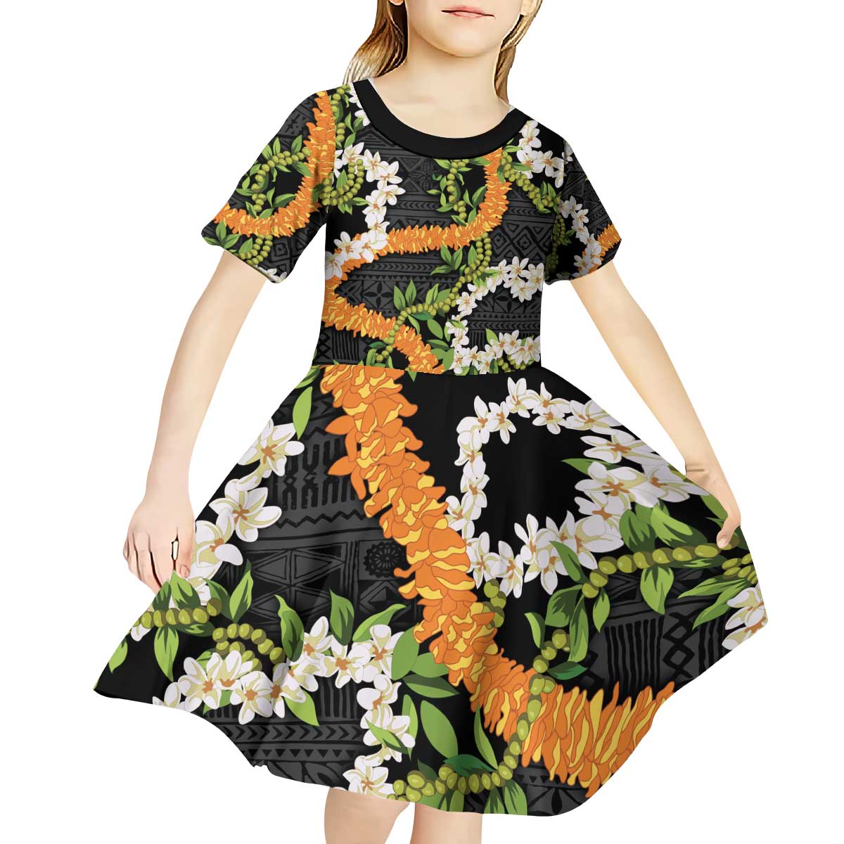 Aloha Festive Hawaii Kid Short Sleeve Dress Mokihana - Maile and Ilima on Black LT7 - Polynesian Pride