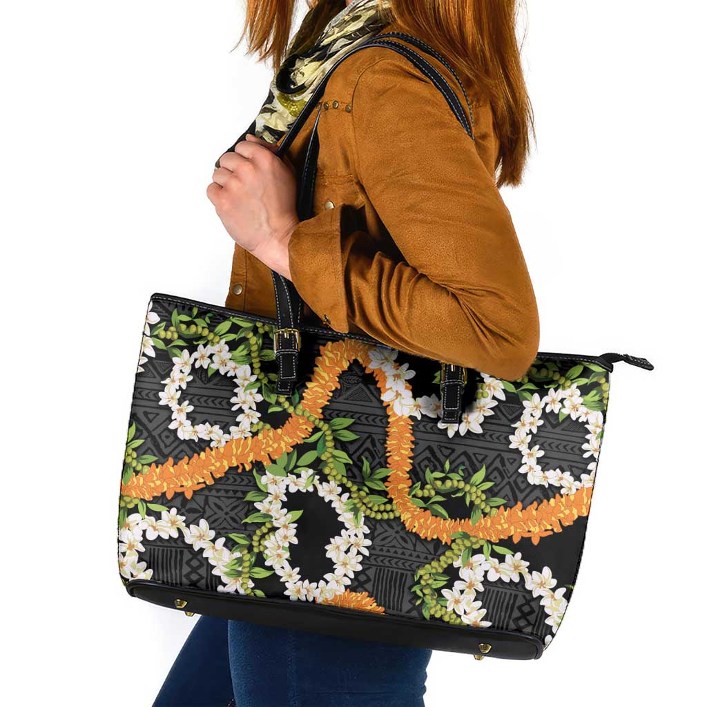 Aloha Festive Hawaii Leather Tote Bag Mokihana - Maile and Ilima on Black - Polynesian Pride