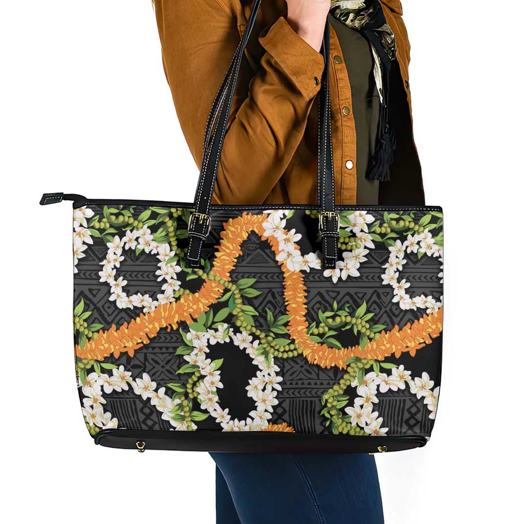 Aloha Festive Hawaii Leather Tote Bag Mokihana - Maile and Ilima on Black - Polynesian Pride