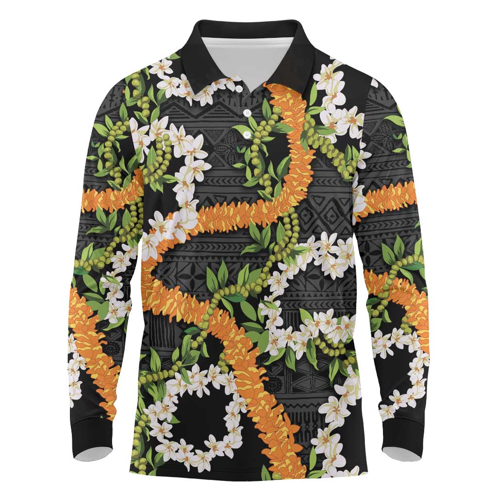 Aloha Festive Hawaii Long Sleeve Polo Shirt Mokihana - Maile and Ilima on Black - Polynesian Pride