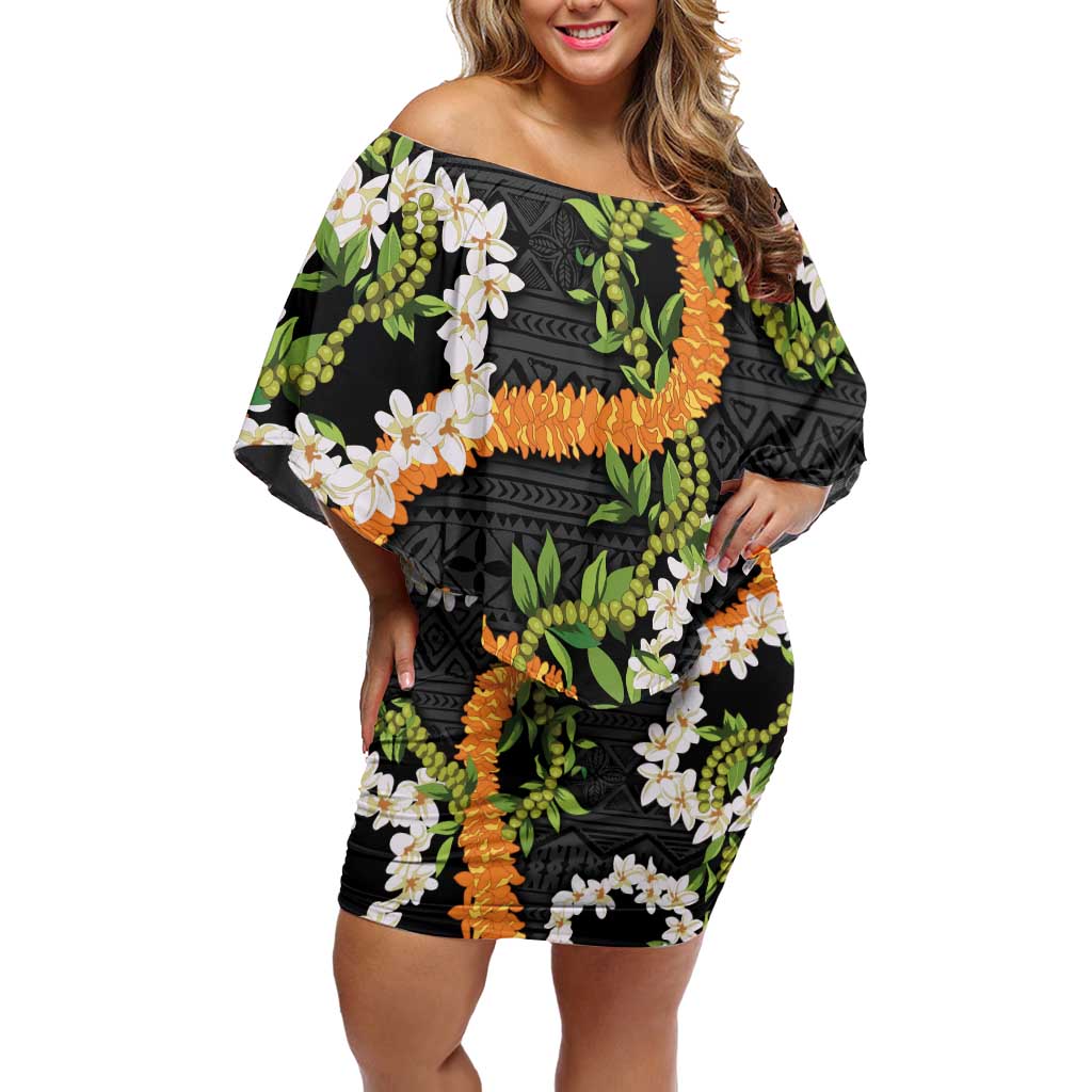 Aloha Festive Hawaii Off Shoulder Short Dress Mokihana - Maile and Ilima on Black - Polynesian Pride