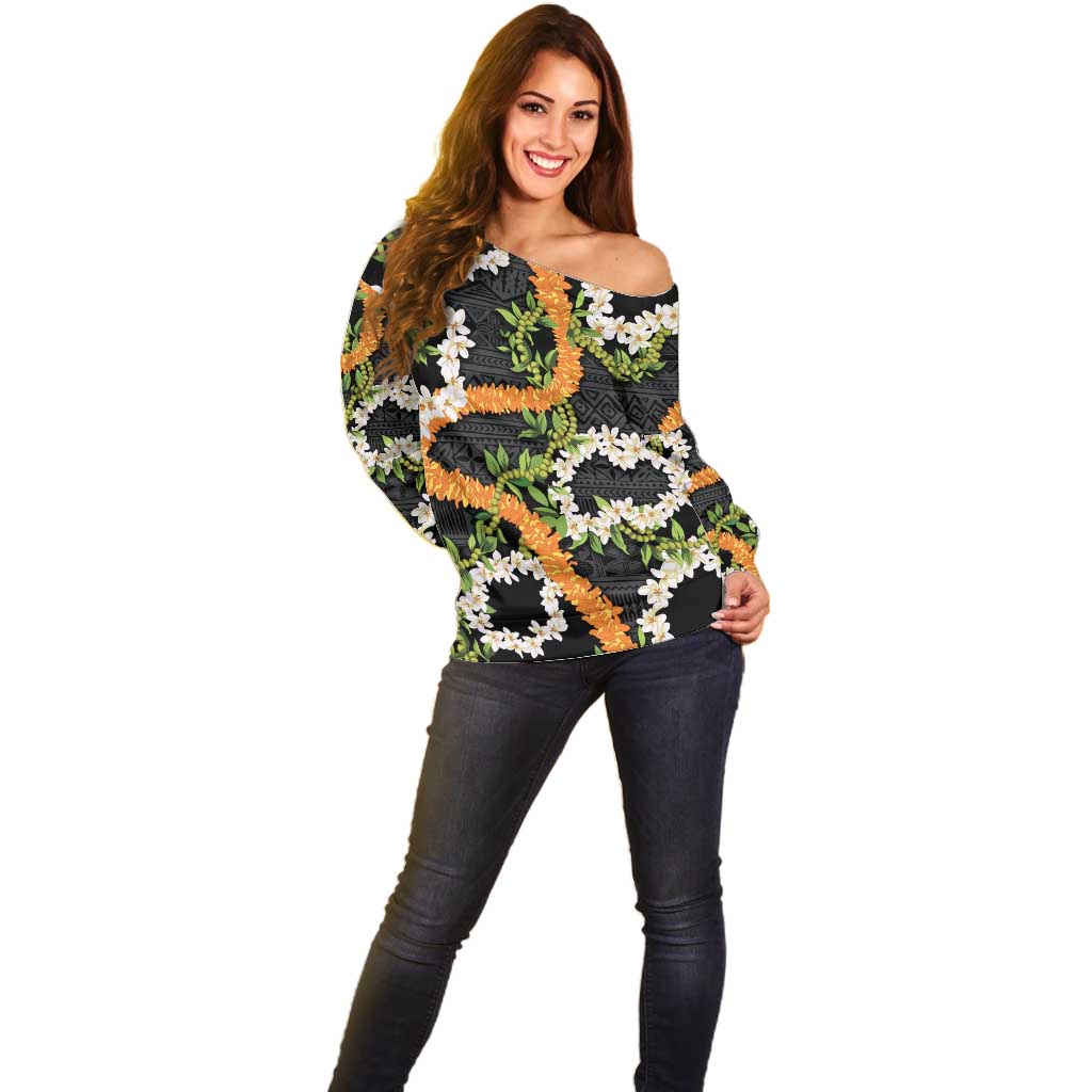 Aloha Festive Hawaii Off Shoulder Sweater Mokihana - Maile and Ilima on Black - Polynesian Pride