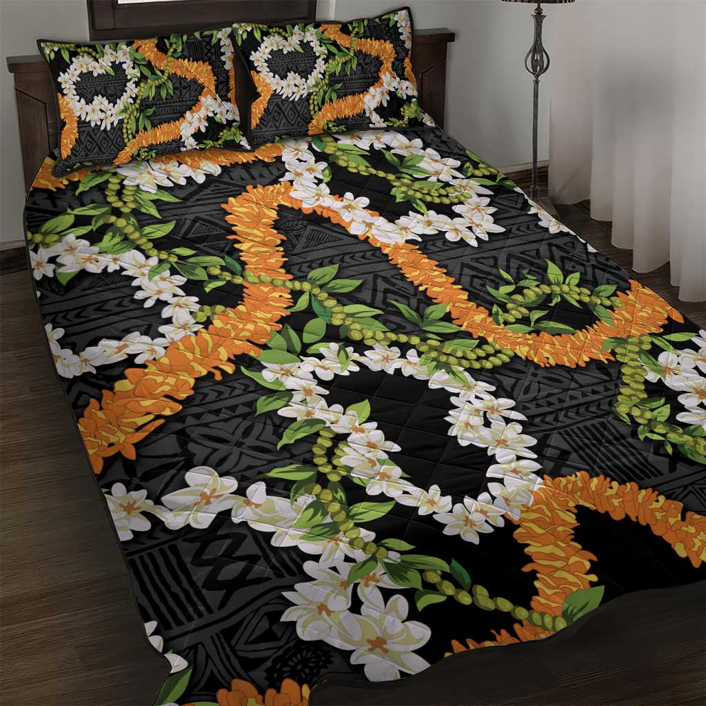 Aloha Festive Hawaii Quilt Bed Set Mokihana - Maile and Ilima on Black LT7 Black - Polynesian Pride