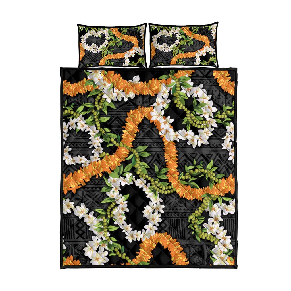 Aloha Festive Hawaii Quilt Bed Set Mokihana - Maile and Ilima on Black LT7 - Polynesian Pride