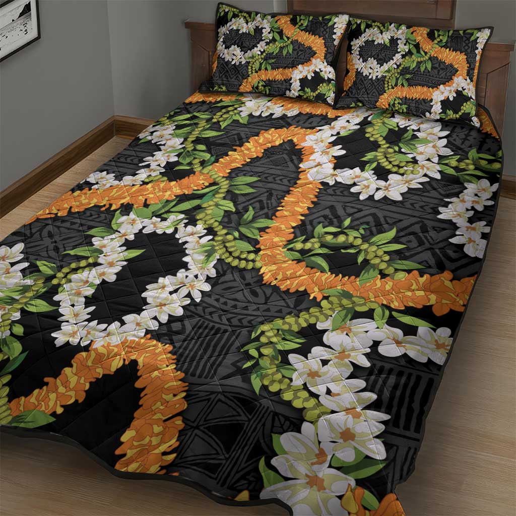 Aloha Festive Hawaii Quilt Bed Set Mokihana - Maile and Ilima on Black LT7 - Polynesian Pride