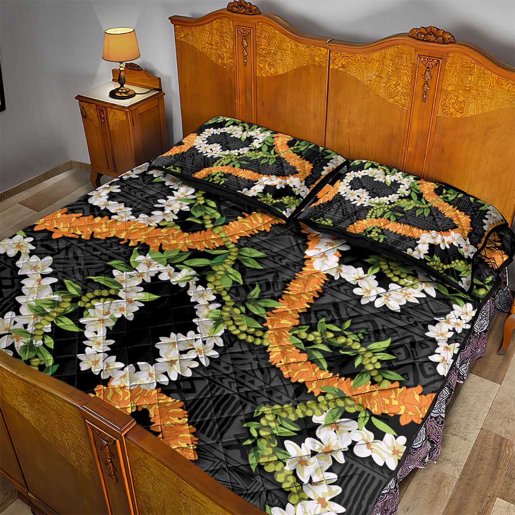 Aloha Festive Hawaii Quilt Bed Set Mokihana - Maile and Ilima on Black LT7 - Polynesian Pride