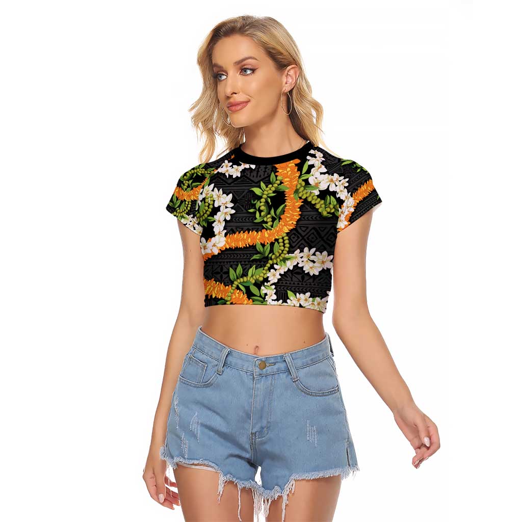 Aloha Festive Hawaii Raglan Cropped T Shirt Mokihana - Maile and Ilima on Black - Polynesian Pride