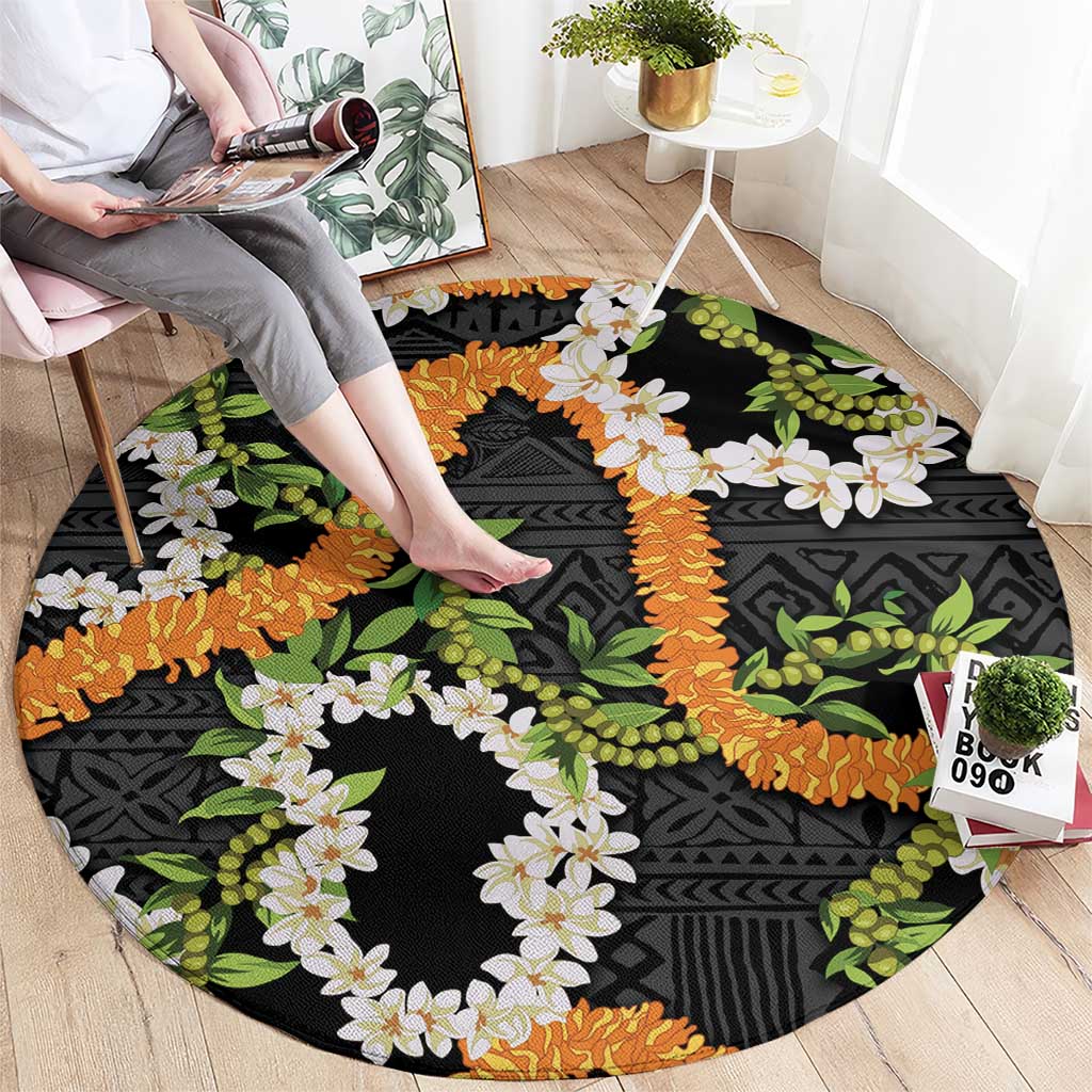 Aloha Festive Hawaii Round Carpet Mokihana - Maile and Ilima on Black - Polynesian Pride