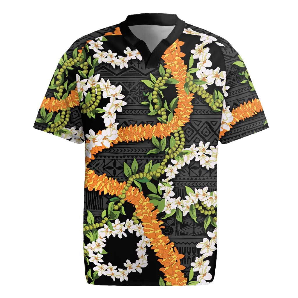 Aloha Festive Hawaii Rugby Jersey Mokihana - Maile and Ilima on Black LT7 Black - Polynesian Pride