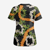 Aloha Festive Hawaii Scrub Top Mokihana - Maile and Ilima on Black - Polynesian Pride