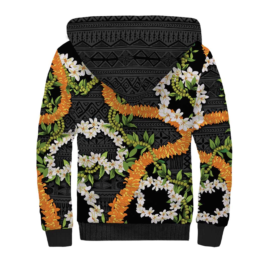Aloha Festive Hawaii Sherpa Hoodie Mokihana - Maile and Ilima on Black - Polynesian Pride