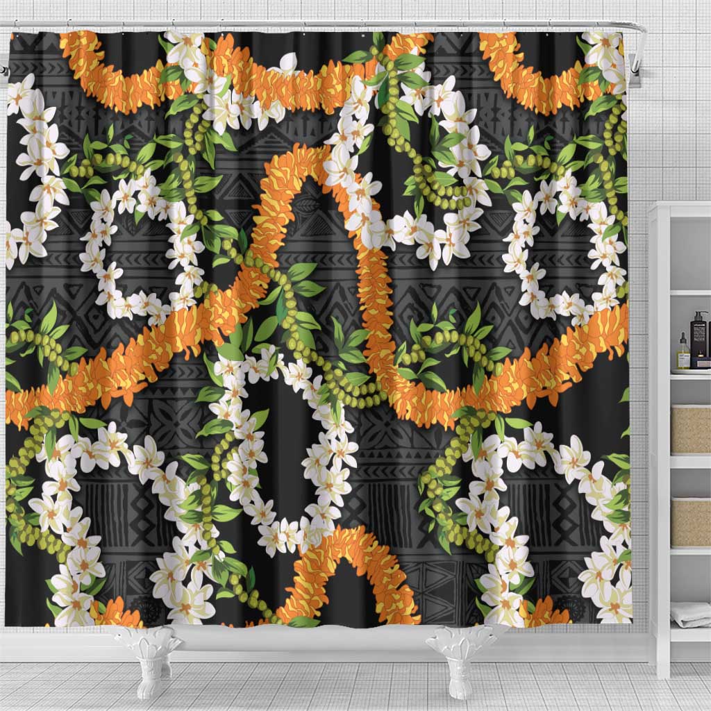 Aloha Festive Hawaii Shower Curtain Mokihana - Maile and Ilima on Black - Polynesian Pride