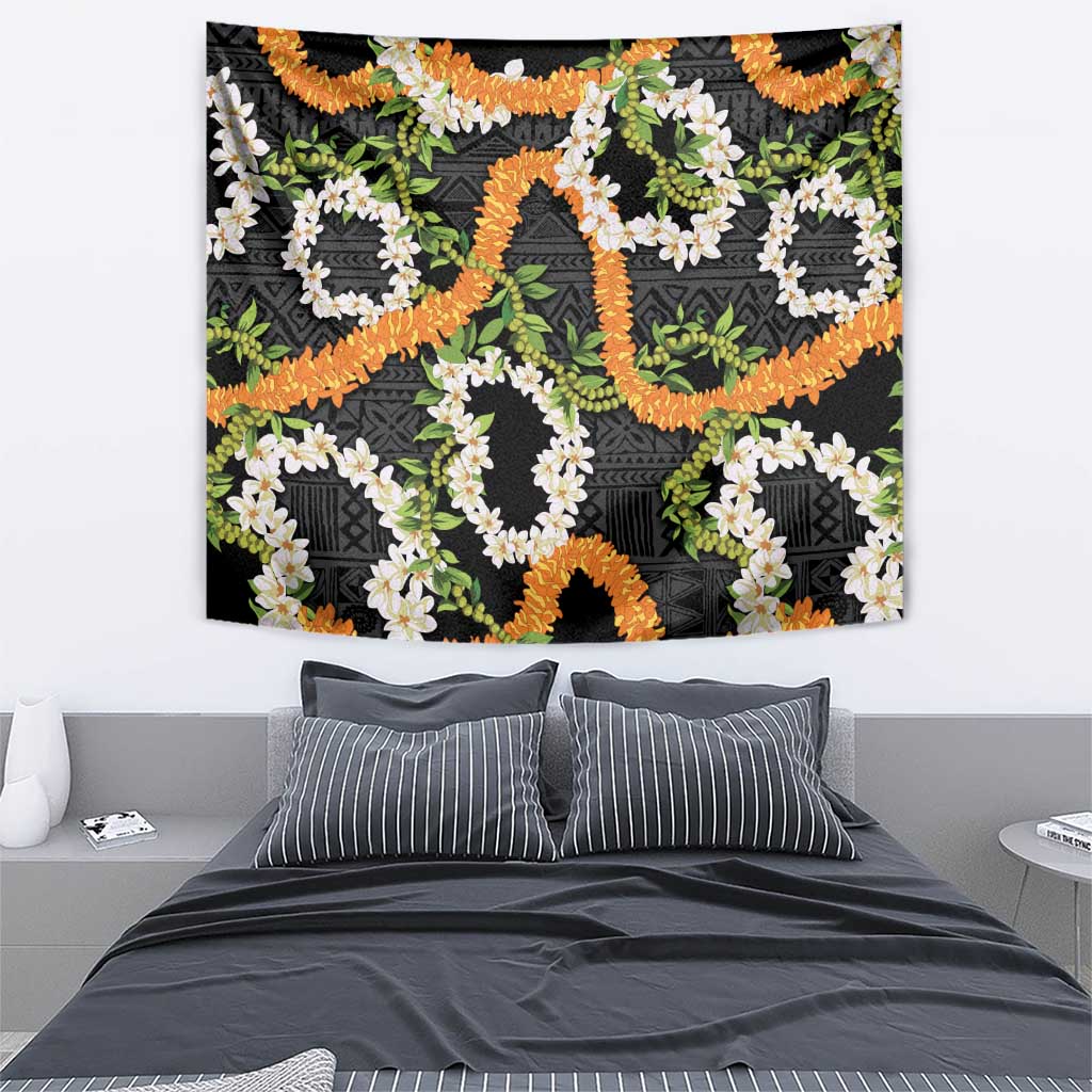 Aloha Festive Hawaii Tapestry Mokihana - Maile and Ilima on Black - Polynesian Pride