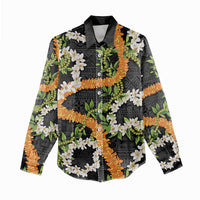 Aloha Festive Hawaii Women Casual Shirt Mokihana - Maile and Ilima on Black - Polynesian Pride