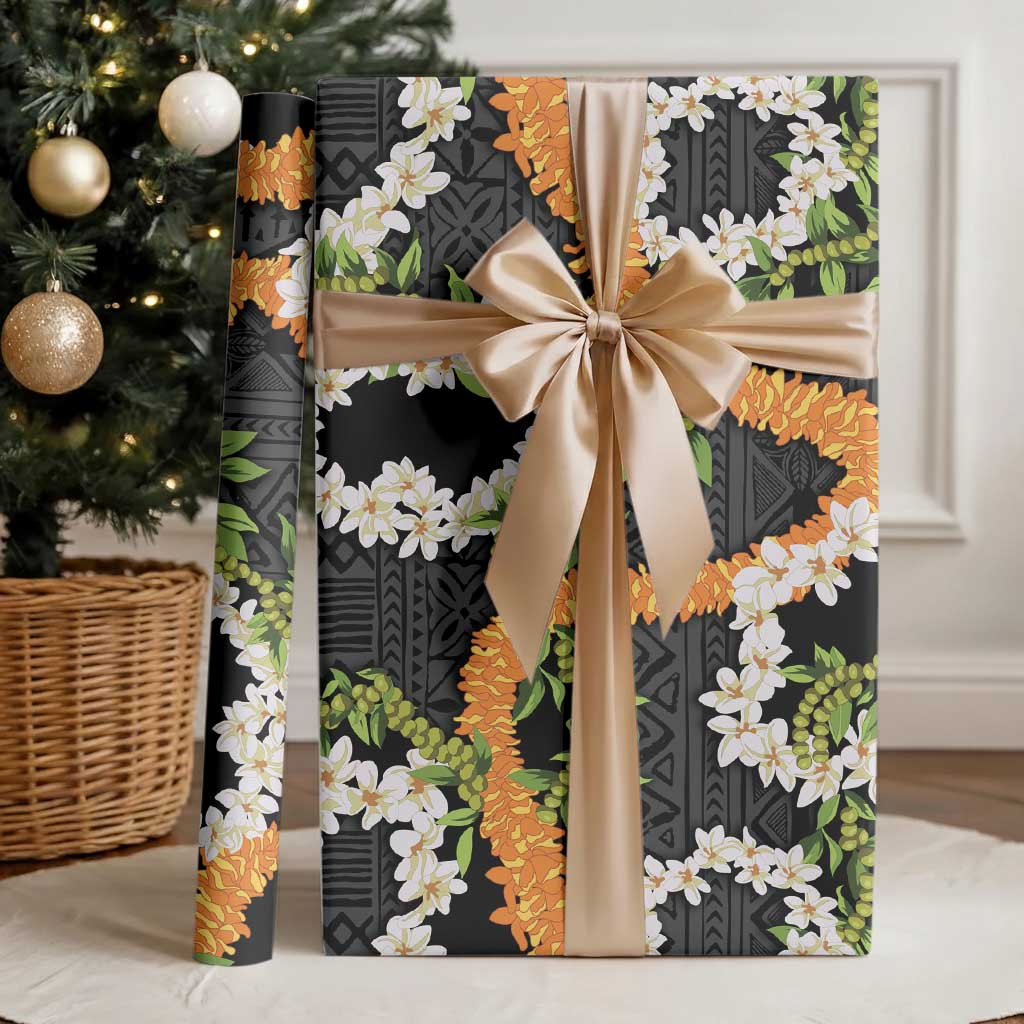Aloha Festive Hawaii Wrapping Paper Mokihana - Maile and Ilima on Black LT7 - Polynesian Pride