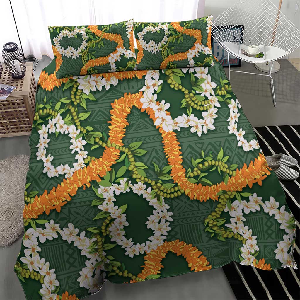 Aloha Festive Hawaii Bedding Set Mokihana - Maile and Ilima on Forest Green - Polynesian Pride