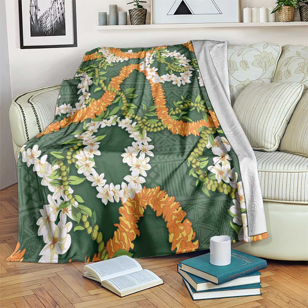 Aloha Festive Hawaii Blanket Mokihana - Maile and Ilima on Forest Green - Polynesian Pride