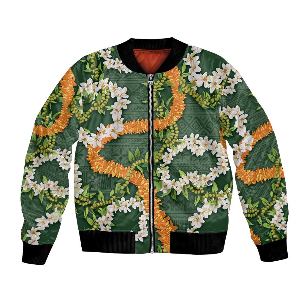 Aloha Festive Hawaii Bomber Jacket Mokihana - Maile and Ilima on Forest Green - Polynesian Pride