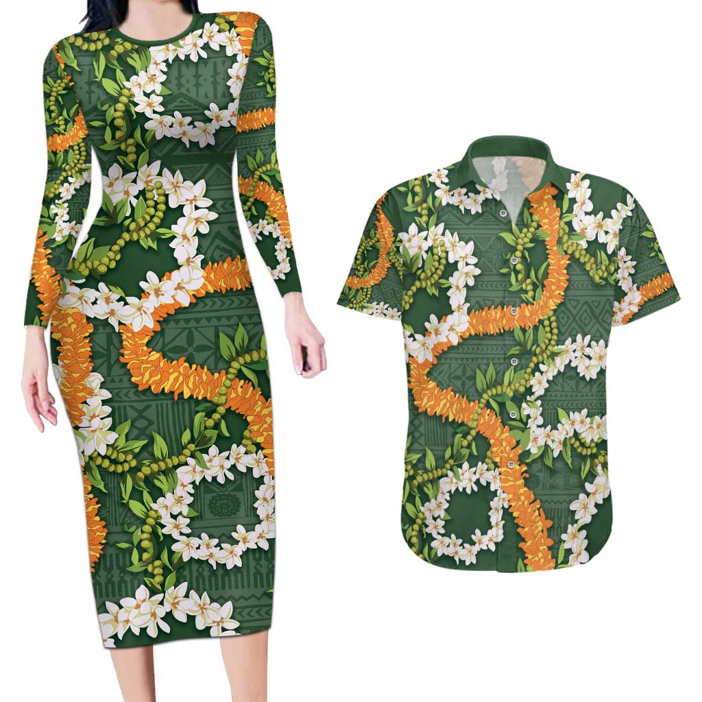 Aloha Festive Hawaii Couples Matching Long Sleeve Bodycon Dress and Hawaiian Shirt Mokihana - Maile and Ilima on Forest Green - Polynesian Pride