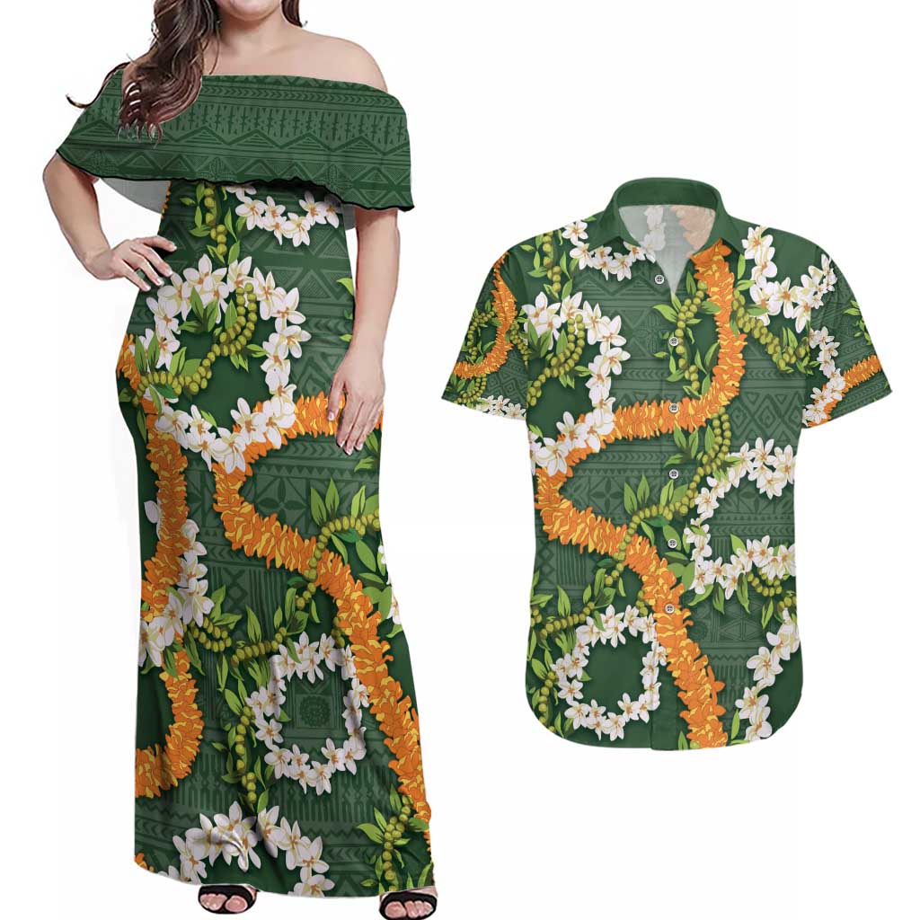 Aloha Festive Hawaii Couples Matching Off Shoulder Maxi Dress and Hawaiian Shirt Mokihana - Maile and Ilima on Forest Green - Polynesian Pride