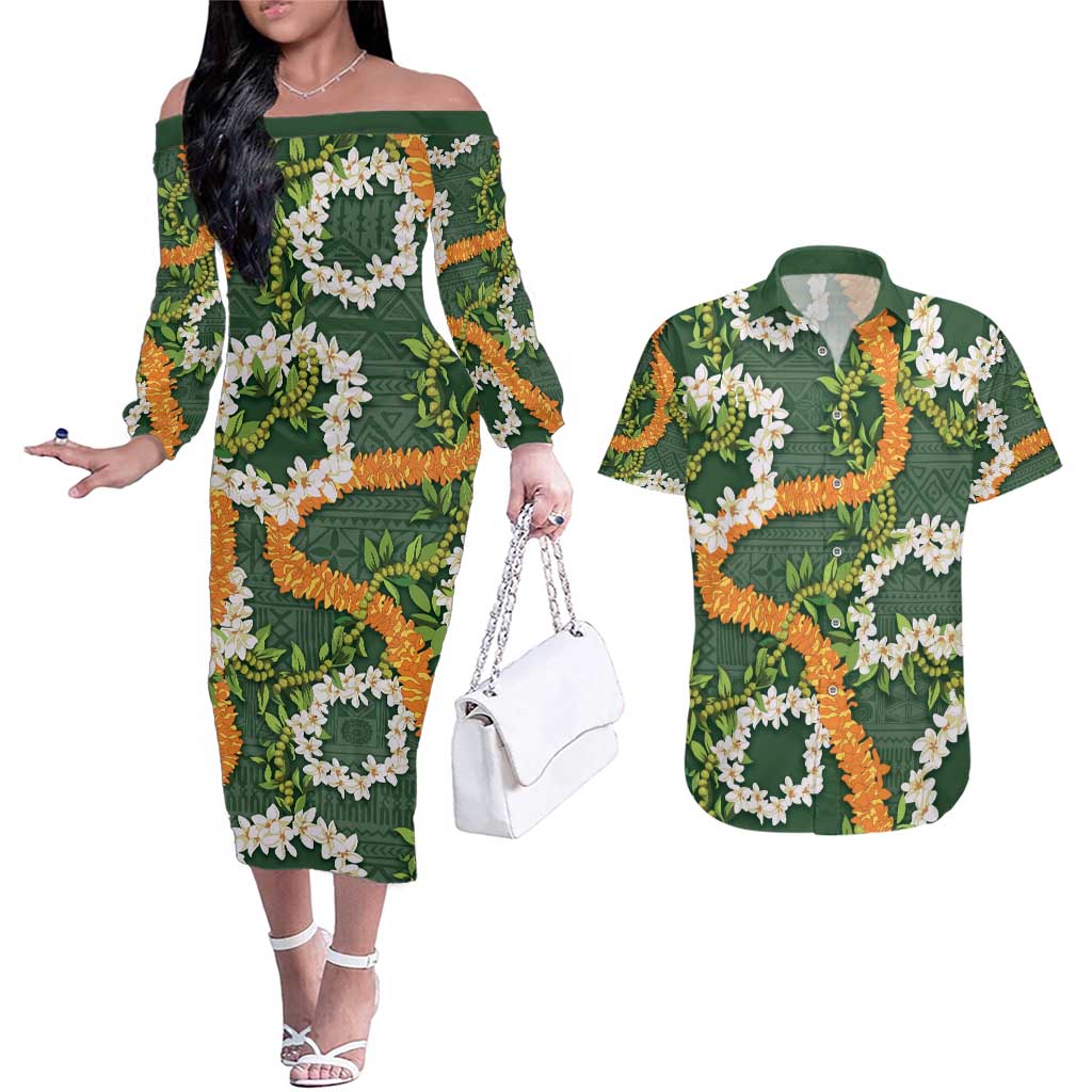 Aloha Festive Hawaii Couples Matching Off The Shoulder Long Sleeve Dress and Hawaiian Shirt Mokihana - Maile and Ilima on Forest Green - Polynesian Pride