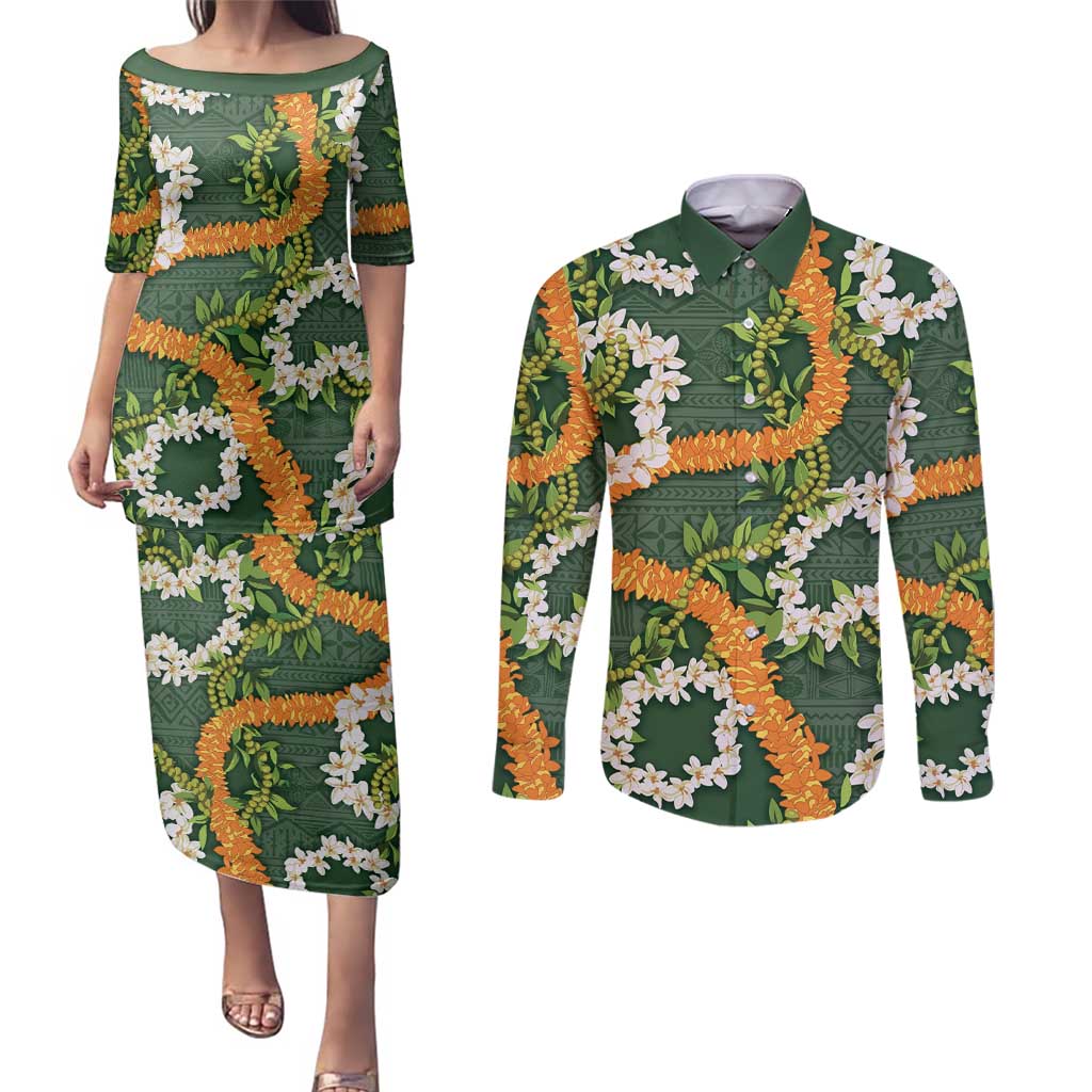 Aloha Festive Hawaii Couples Matching Puletasi and Long Sleeve Button Shirt Mokihana - Maile and Ilima on Forest Green - Polynesian Pride