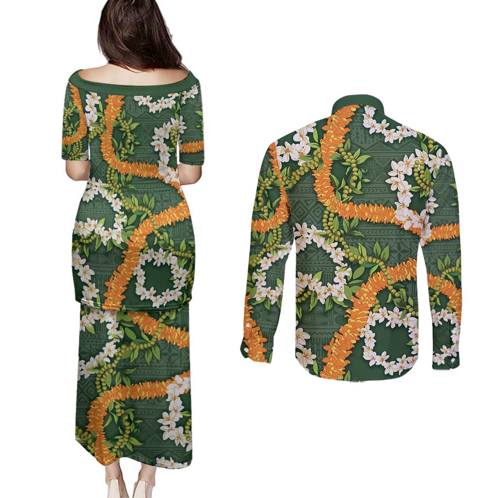 Aloha Festive Hawaii Couples Matching Puletasi and Long Sleeve Button Shirt Mokihana - Maile and Ilima on Forest Green - Polynesian Pride