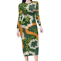 Aloha Festive Hawaii Family Matching Long Sleeve Bodycon Dress and Hawaiian Shirt Mokihana - Maile and Ilima on Forest Green - Polynesian Pride