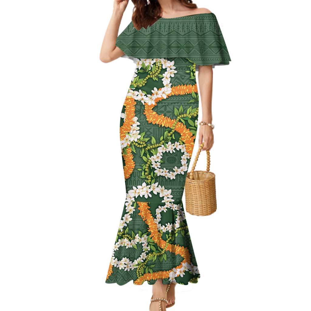 Aloha Festive Hawaii Family Matching Mermaid Dress and Hawaiian Shirt Mokihana - Maile and Ilima on Forest Green - Polynesian Pride