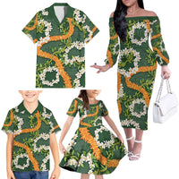 Aloha Festive Hawaii Family Matching Off The Shoulder Long Sleeve Dress and Hawaiian Shirt Mokihana - Maile and Ilima on Forest Green - Polynesian Pride