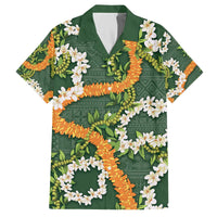 Aloha Festive Hawaii Family Matching Off The Shoulder Long Sleeve Dress and Hawaiian Shirt Mokihana - Maile and Ilima on Forest Green - Polynesian Pride