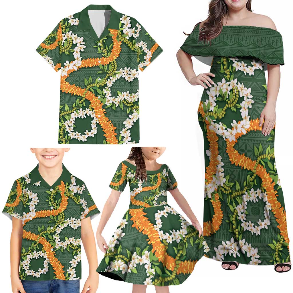 Aloha Festive Hawaii Family Matching Off Shoulder Maxi Dress and Hawaiian Shirt Mokihana - Maile and Ilima on Forest Green - Polynesian Pride