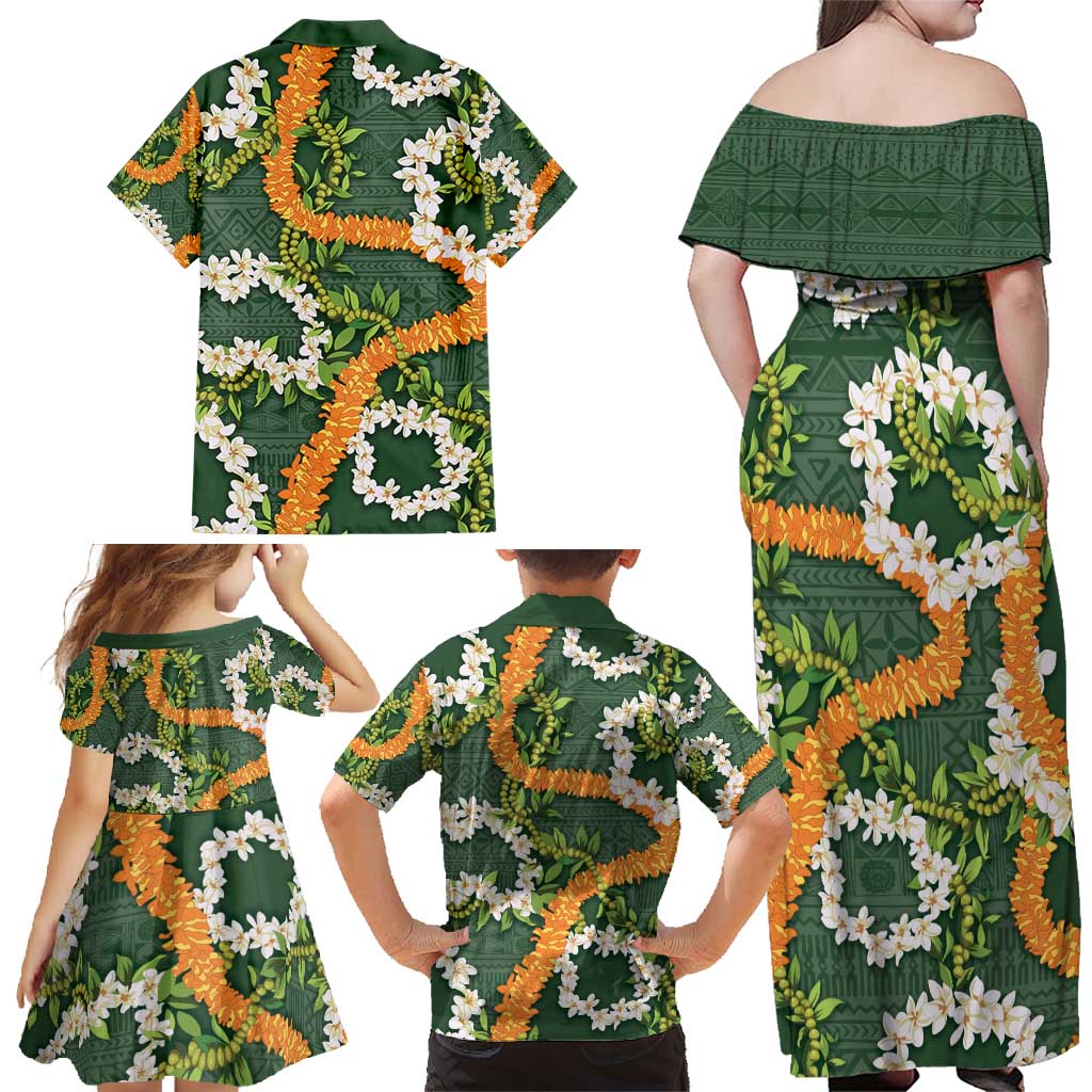 Aloha Festive Hawaii Family Matching Off Shoulder Maxi Dress and Hawaiian Shirt Mokihana - Maile and Ilima on Forest Green - Polynesian Pride