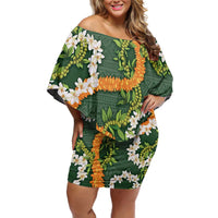 Aloha Festive Hawaii Family Matching Off Shoulder Short Dress and Hawaiian Shirt Mokihana - Maile and Ilima on Forest Green - Polynesian Pride
