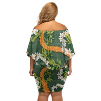 Aloha Festive Hawaii Family Matching Off Shoulder Short Dress and Hawaiian Shirt Mokihana - Maile and Ilima on Forest Green - Polynesian Pride