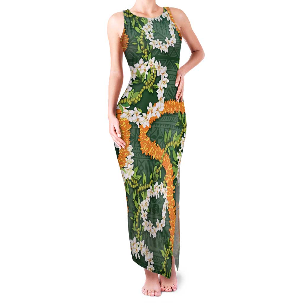 Aloha Festive Hawaii Family Matching Tank Maxi Dress and Hawaiian Shirt Mokihana - Maile and Ilima on Forest Green - Polynesian Pride