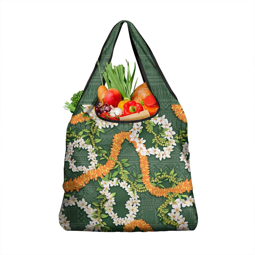 Aloha Festive Hawaii Grocery Bag Mokihana - Maile and Ilima on Forest Green - Polynesian Pride