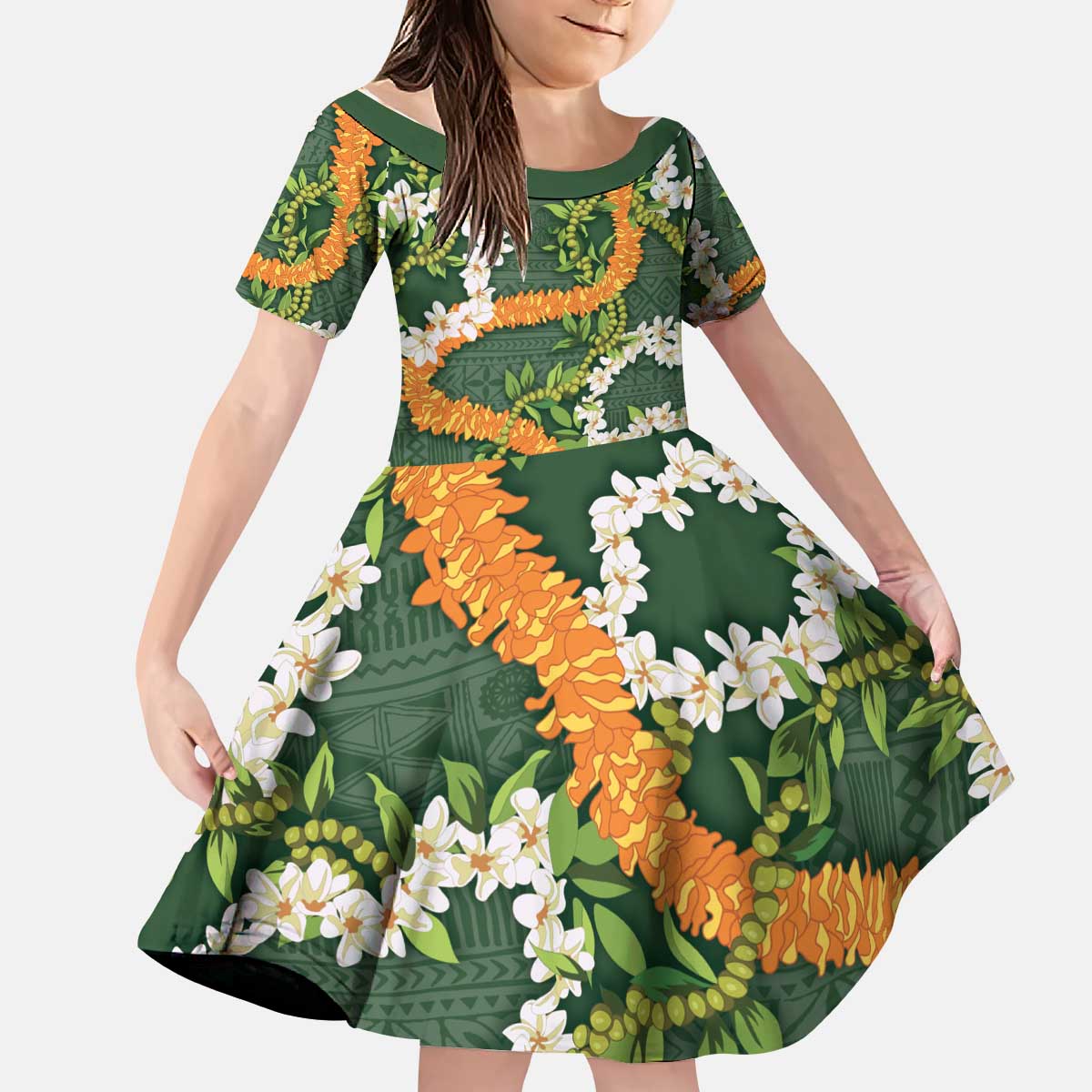 Aloha Festive Hawaii Kid Short Sleeve Dress Mokihana - Maile and Ilima on Forest Green LT7 KID Forest Green - Polynesian Pride