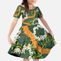 Aloha Festive Hawaii Kid Short Sleeve Dress Mokihana - Maile and Ilima on Forest Green LT7 KID Forest Green - Polynesian Pride