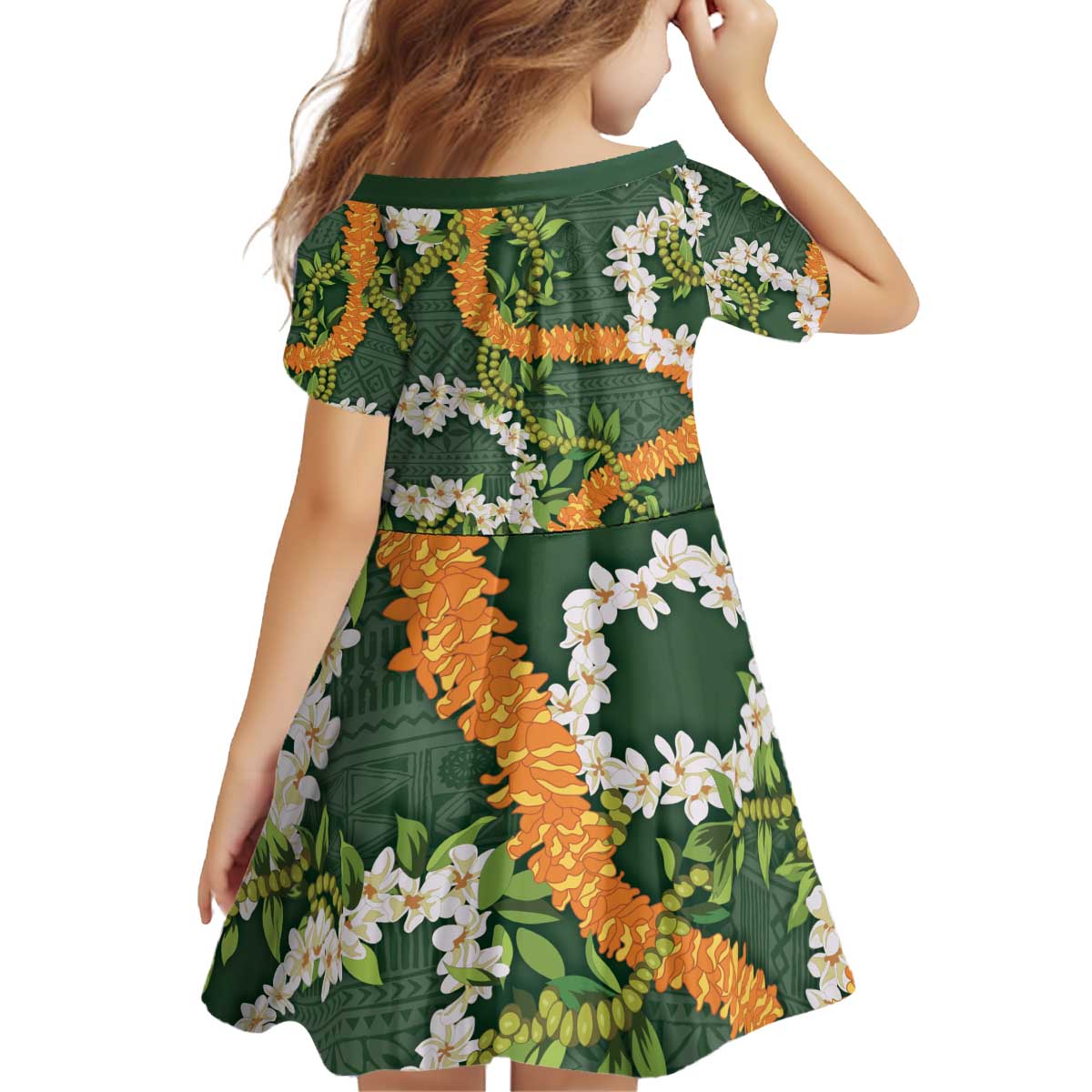 Aloha Festive Hawaii Kid Short Sleeve Dress Mokihana - Maile and Ilima on Forest Green LT7 - Polynesian Pride