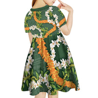 Aloha Festive Hawaii Kid Short Sleeve Dress Mokihana - Maile and Ilima on Forest Green LT7 - Polynesian Pride