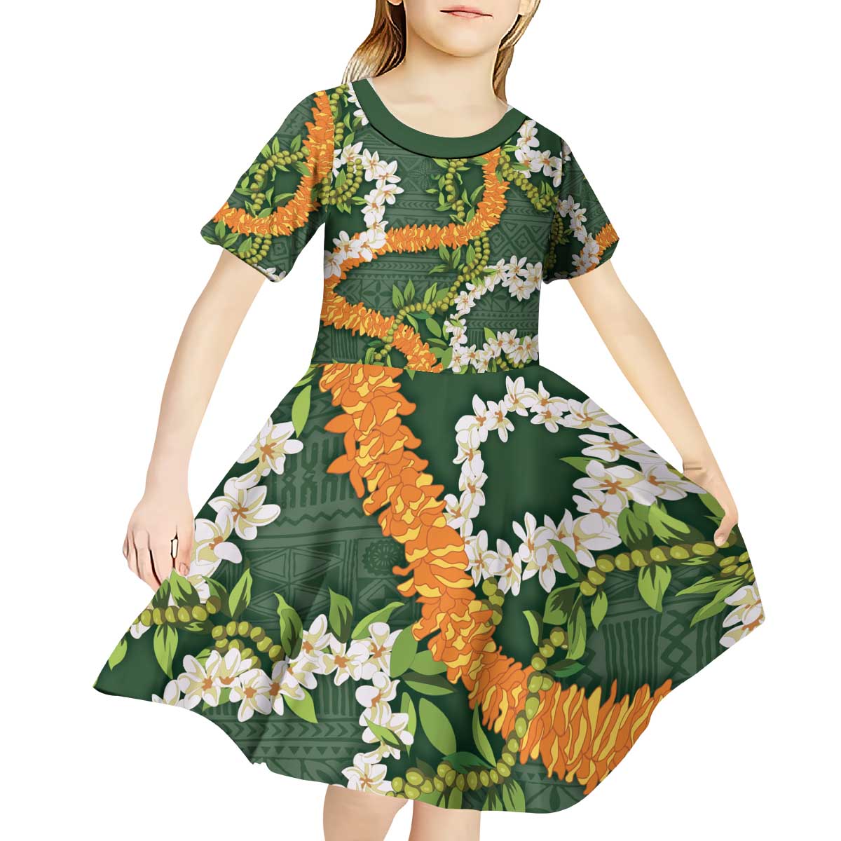 Aloha Festive Hawaii Kid Short Sleeve Dress Mokihana - Maile and Ilima on Forest Green LT7 - Polynesian Pride