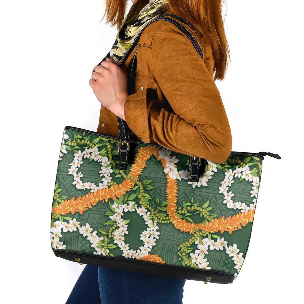 Aloha Festive Hawaii Leather Tote Bag Mokihana - Maile and Ilima on Forest Green - Polynesian Pride