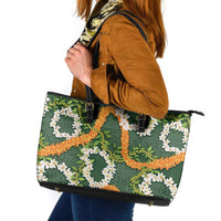 Aloha Festive Hawaii Leather Tote Bag Mokihana - Maile and Ilima on Forest Green - Polynesian Pride