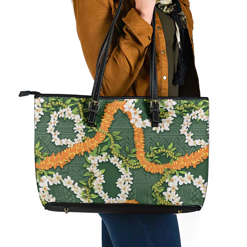 Aloha Festive Hawaii Leather Tote Bag Mokihana - Maile and Ilima on Forest Green - Polynesian Pride