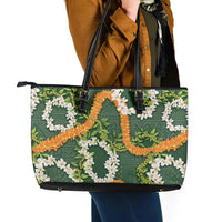 Aloha Festive Hawaii Leather Tote Bag Mokihana - Maile and Ilima on Forest Green - Polynesian Pride