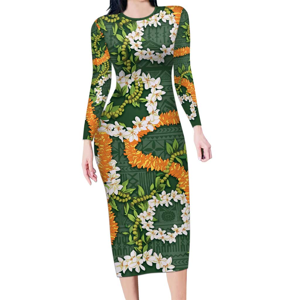 Aloha Festive Hawaii Long Sleeve Bodycon Dress Mokihana - Maile and Ilima on Forest Green - Polynesian Pride
