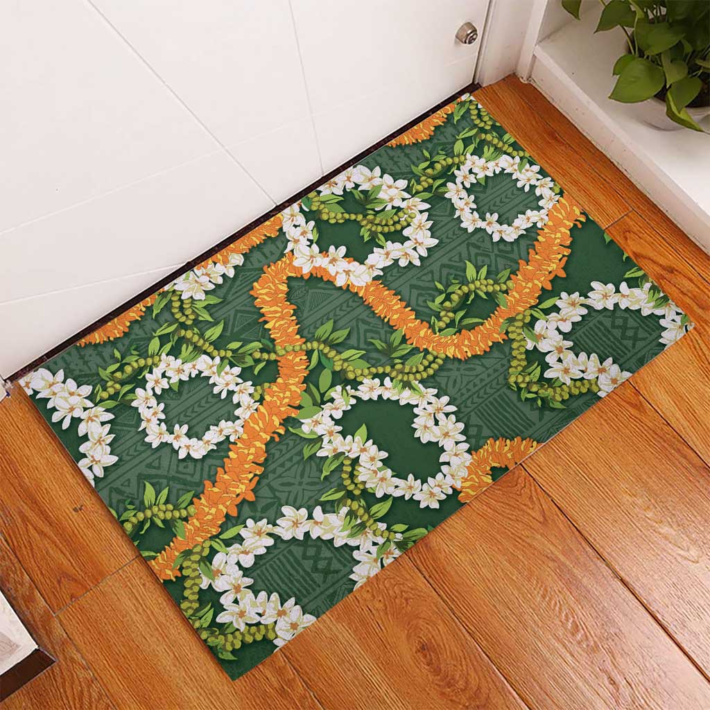 Aloha Festive Hawaii Rubber Doormat Mokihana - Maile and Ilima on Forest Green LT7 - Polynesian Pride