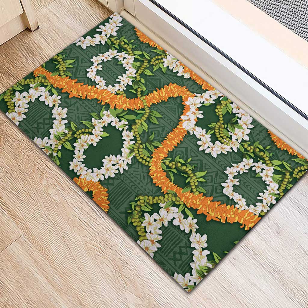 Aloha Festive Hawaii Rubber Doormat Mokihana - Maile and Ilima on Forest Green LT7 - Polynesian Pride